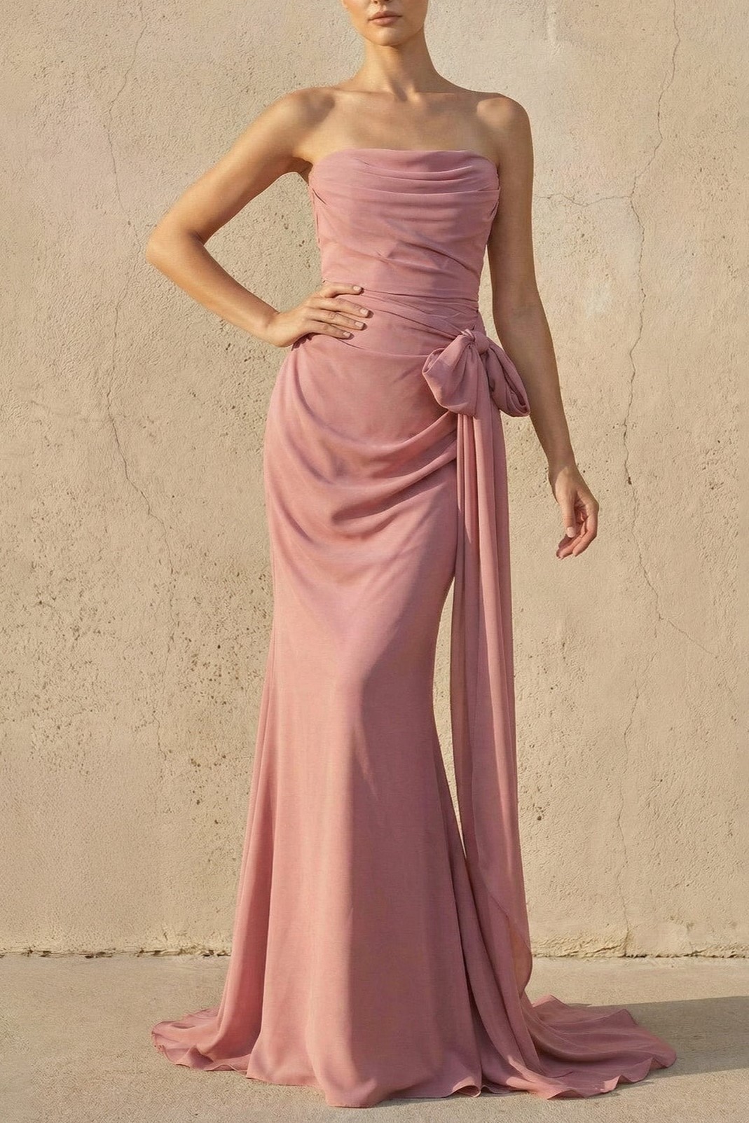 Pink Strapless Ruched Maxi Dress With Bow
