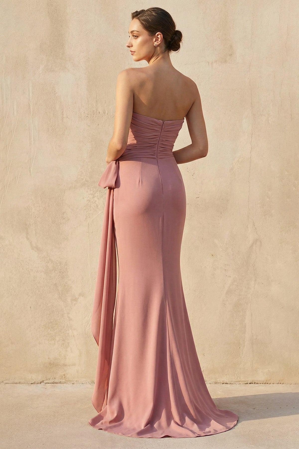 Pink Strapless Ruched Maxi Dress With Bow