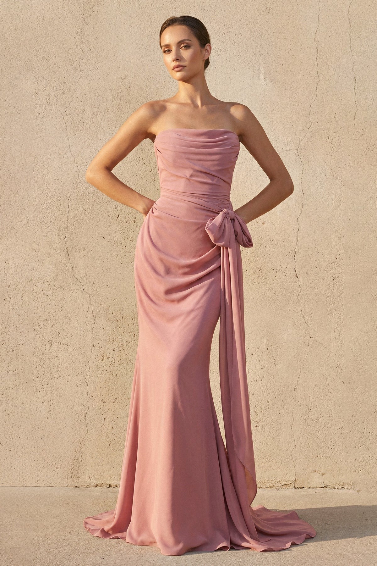 Pink Strapless Ruched Maxi Dress With Bow