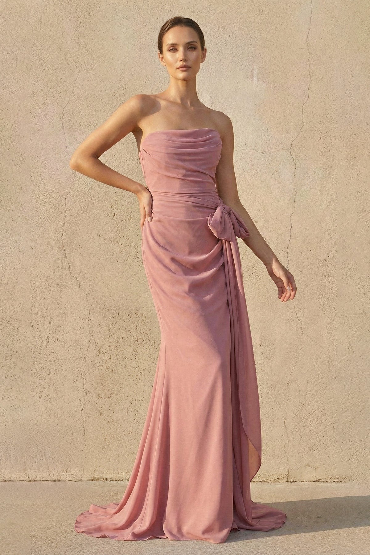 Pink Strapless Ruched Maxi Dress With Bow