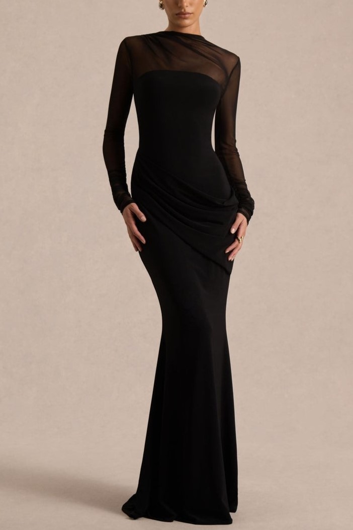 Black Jersey And Mesh High Neck Maxi Dress