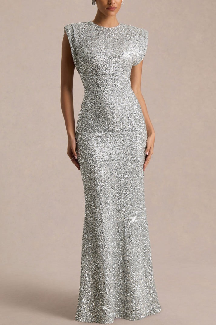 Silver Sequin Crew-Neck Maxi Dress With Cap Sleeves