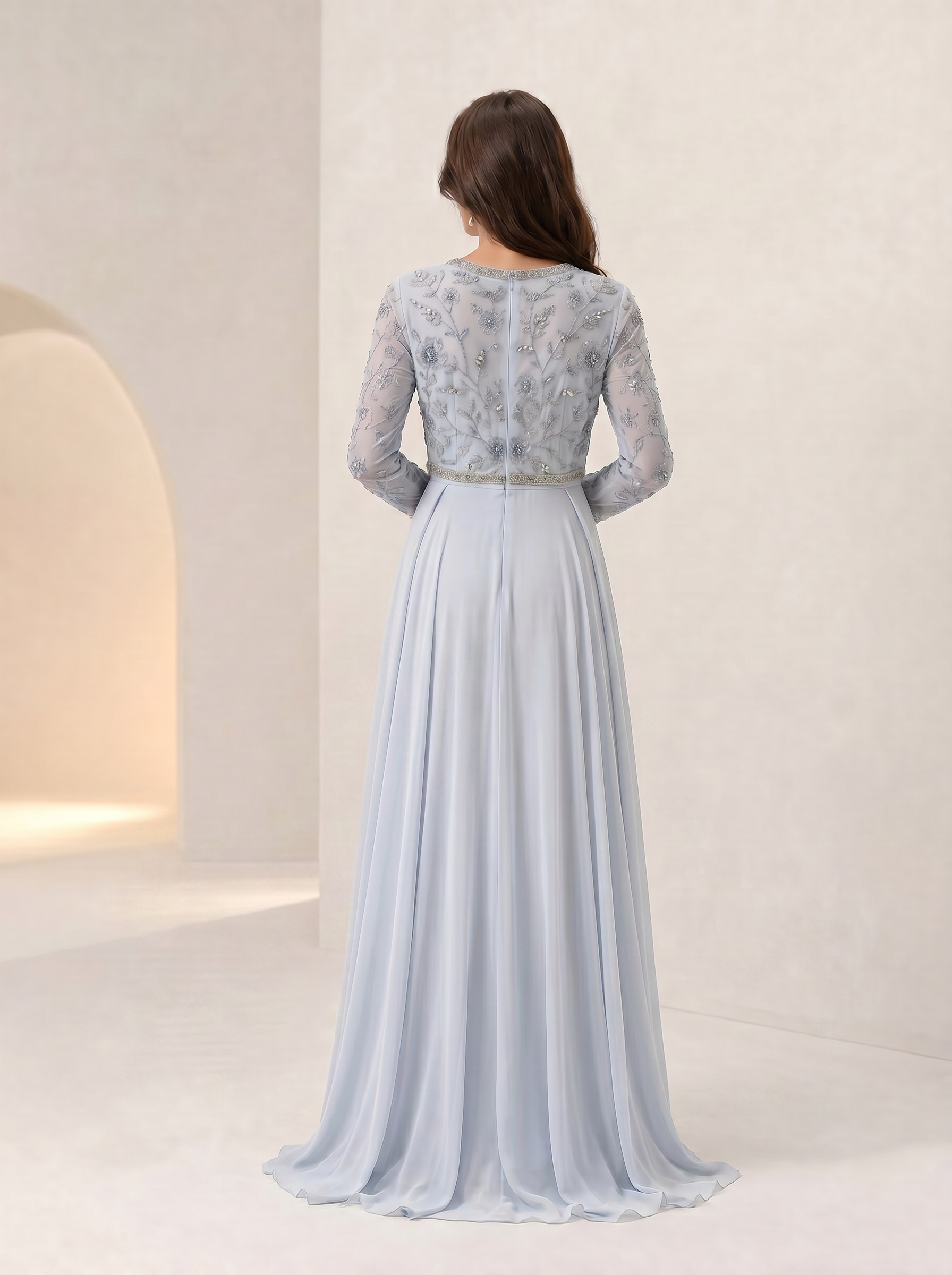 Dusty Blue Beaded Embroidered Long Sleeve Chiffon Maxi Dress