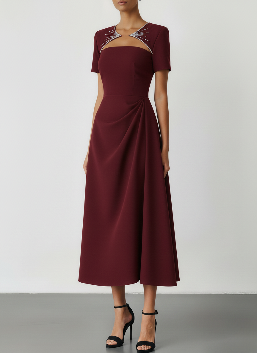 Black Ruched Hot Drilling Classic Crew Neck Short Sleeve A-Line Midi Dress