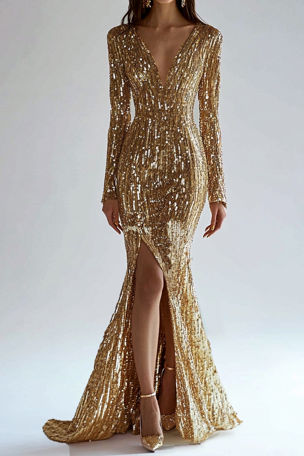 Gold Dress Sequin High Slit Long Sleeve Mermaid Maxi Dress
