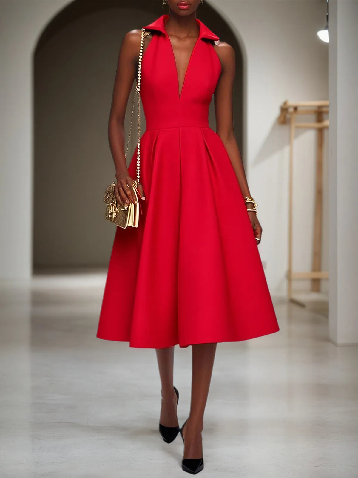Red Classic Shirt Collar Sleeveless A-Line Midi Dress