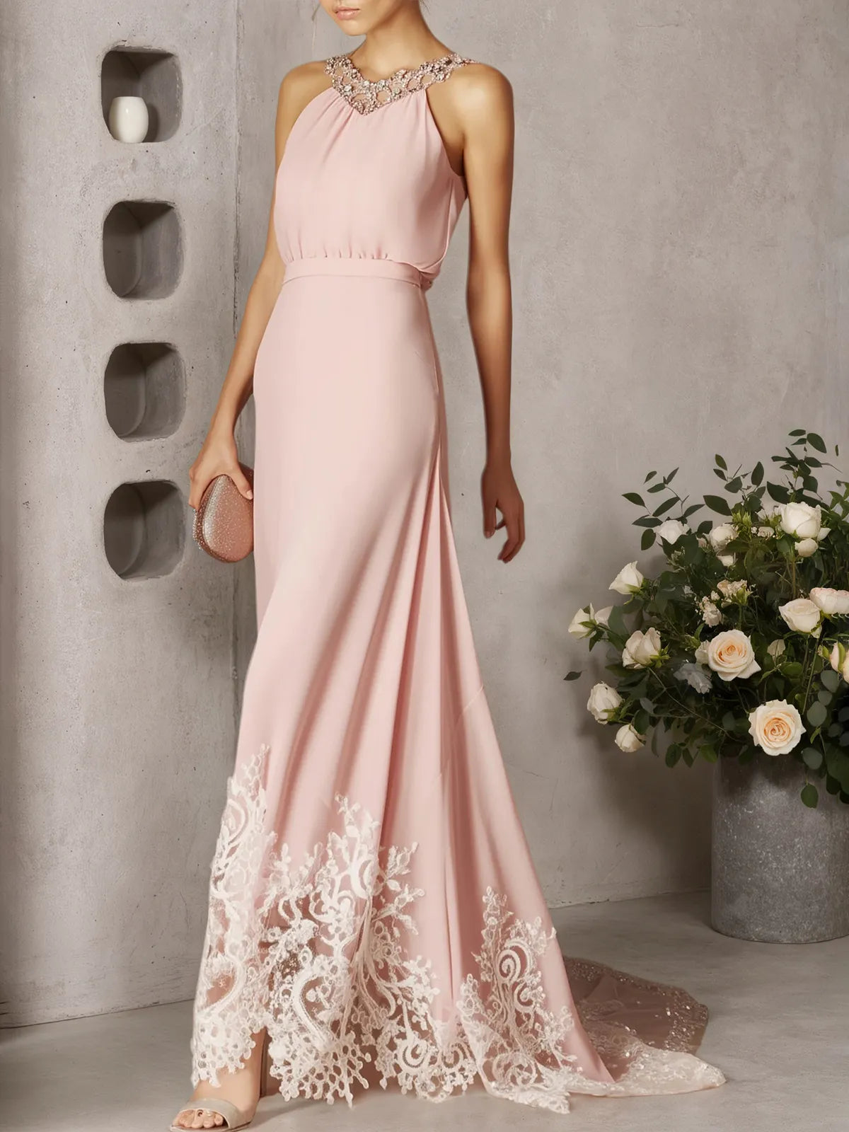Pink Beaded Ruched Chiffon Halter Sleeveless A-Line Gown Dress