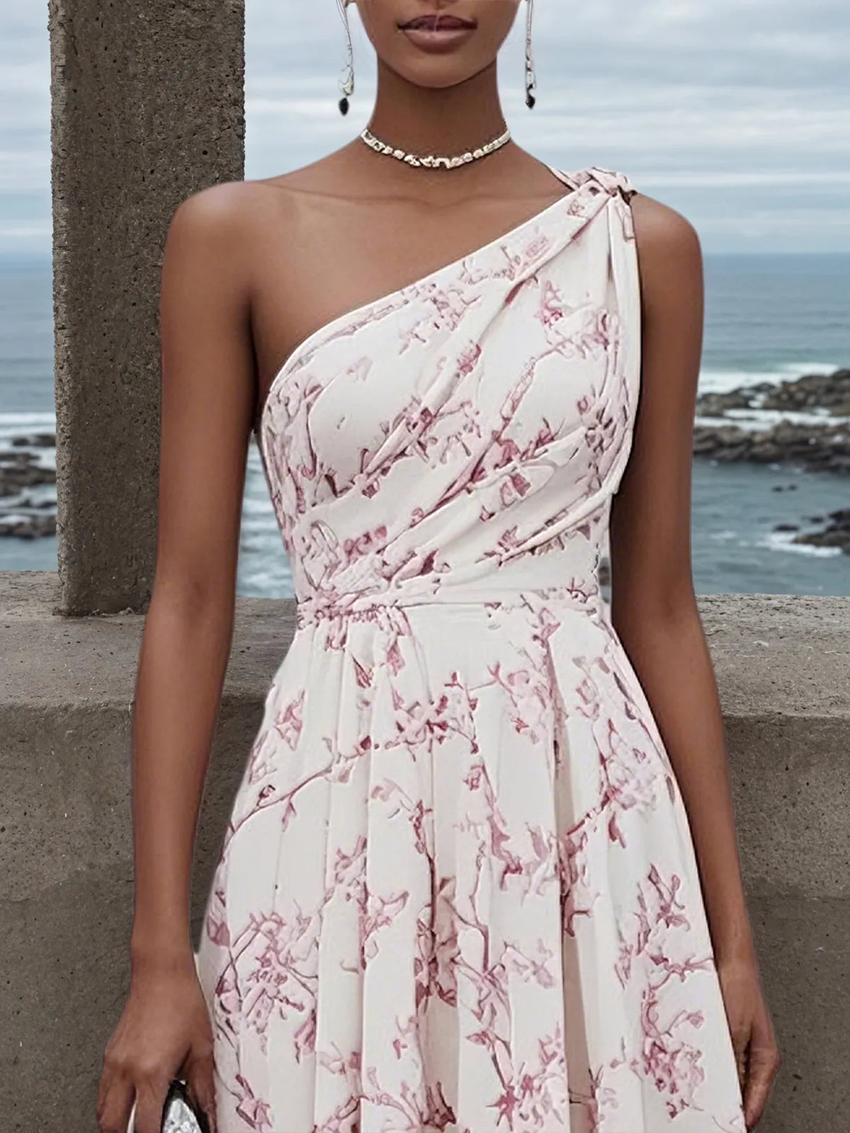 Pink One Shoulder Floral Sleeveless A-Line Midi Dress