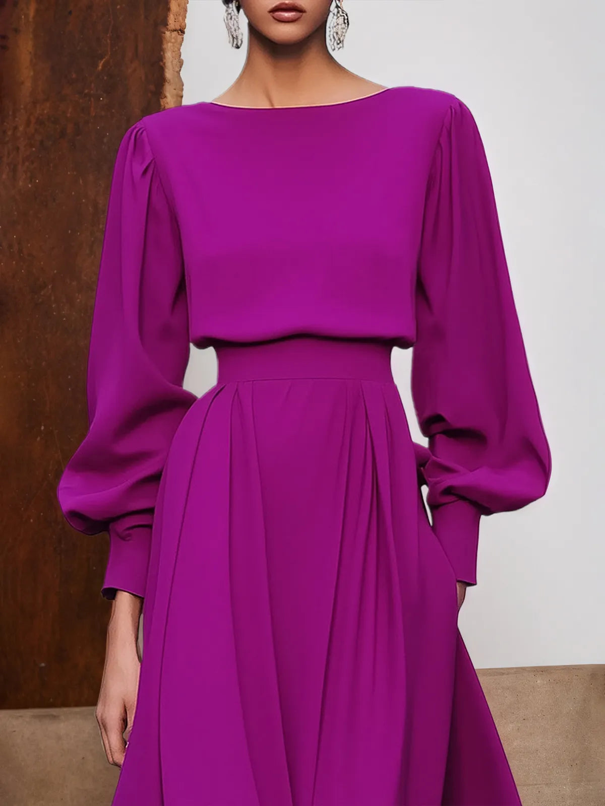 Rose Red Asymmetric Boat Neck Long Balloon Sleeve A-Line Midi Dress