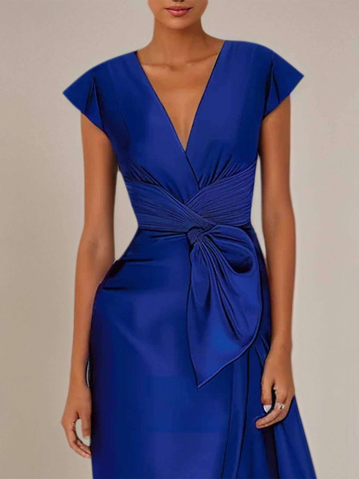 Navy Blue Satin V Neck Short Sleeveless Ankle Length Dress