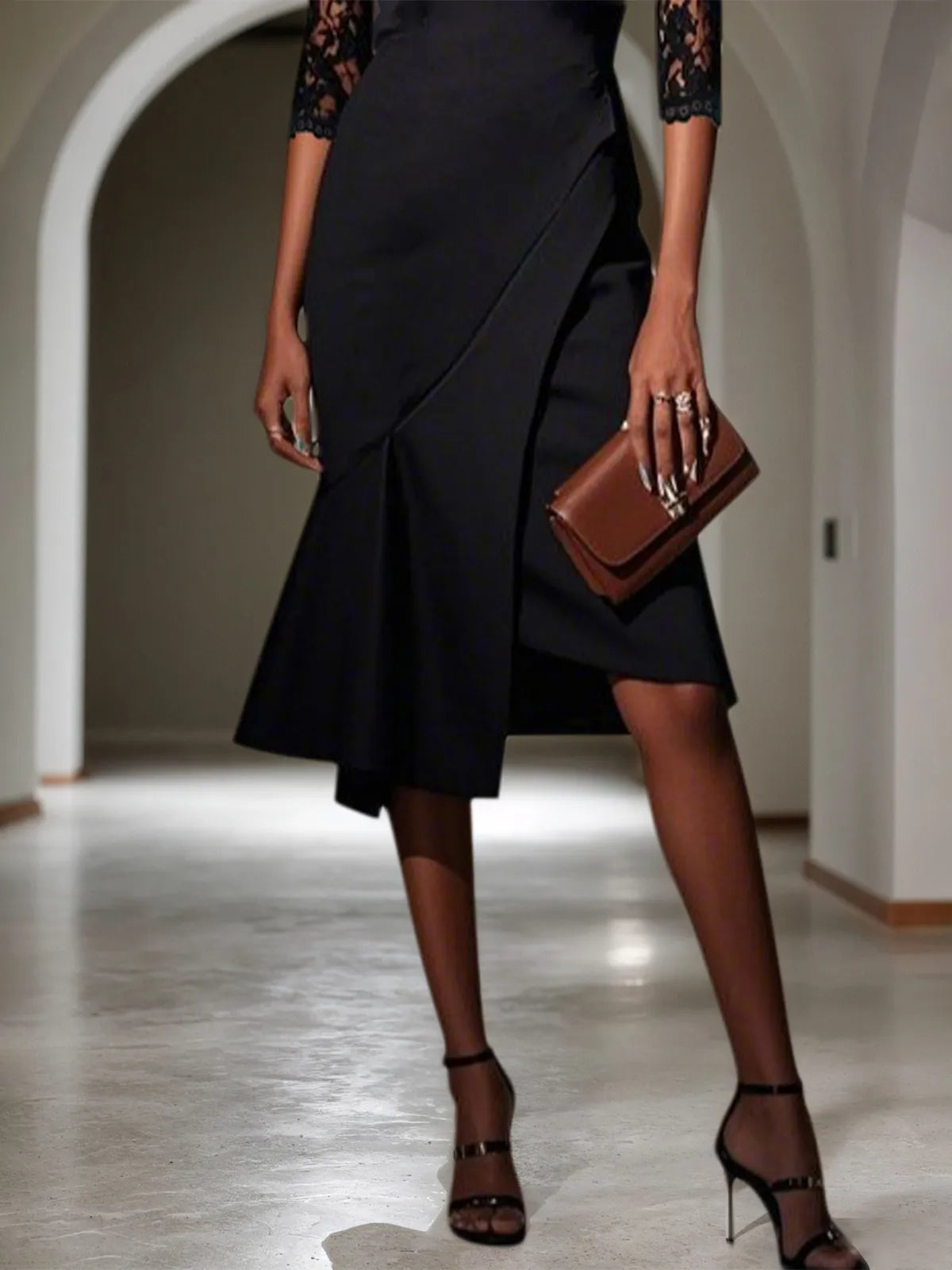 Black Lace Sweetheart Neckline Half Sleeve A-Line Midi Dress