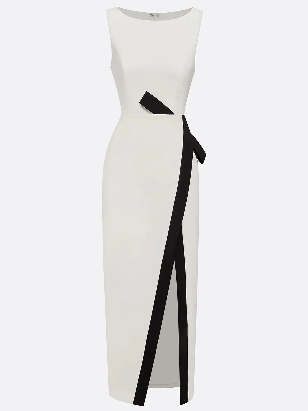White Piping Classic Crew Neck Sleeveless Sheath Maxi Dress
