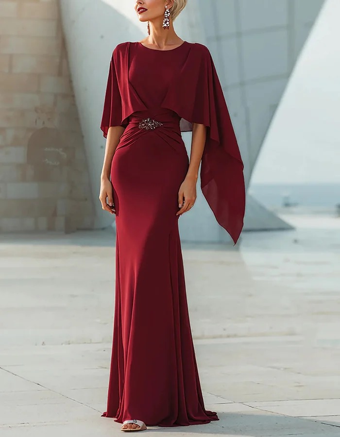 Burgundy Round Neck Chiffon Maxi Dress