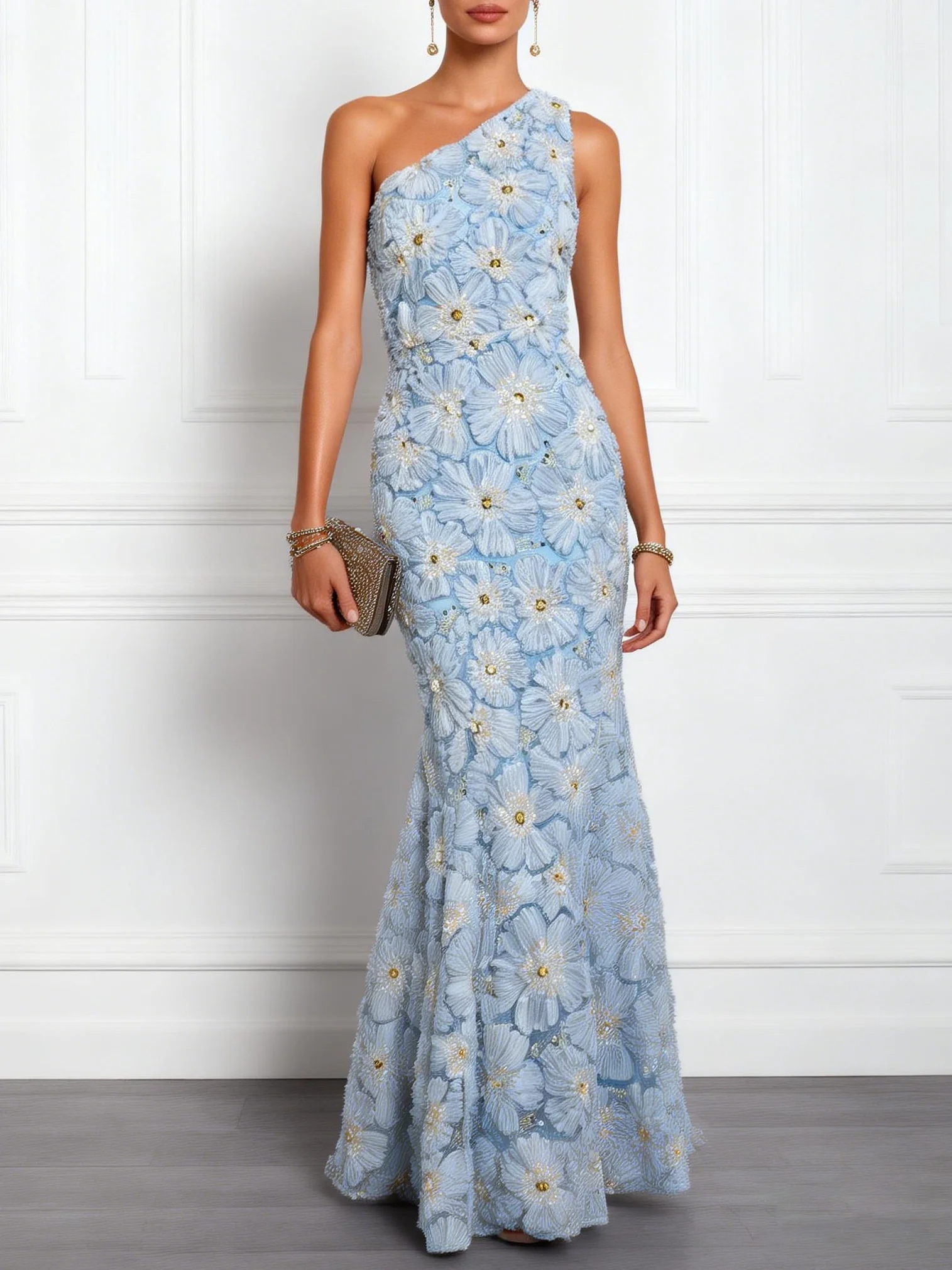 Light Blue Jacquard Beaded 3D Floral Lace One Shoulder Sleeveless Mermaid Gown Dress