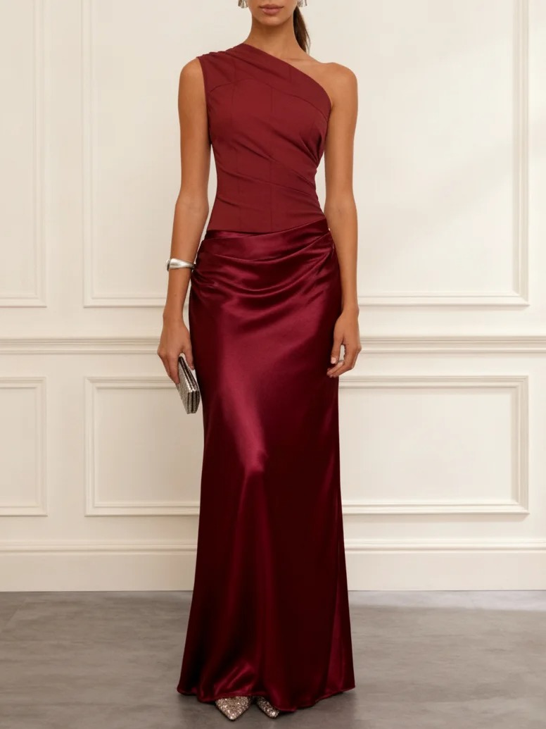 Wine Red Split Joint Satin One Shoulder Sleeveless Sheath Maxi Dress
