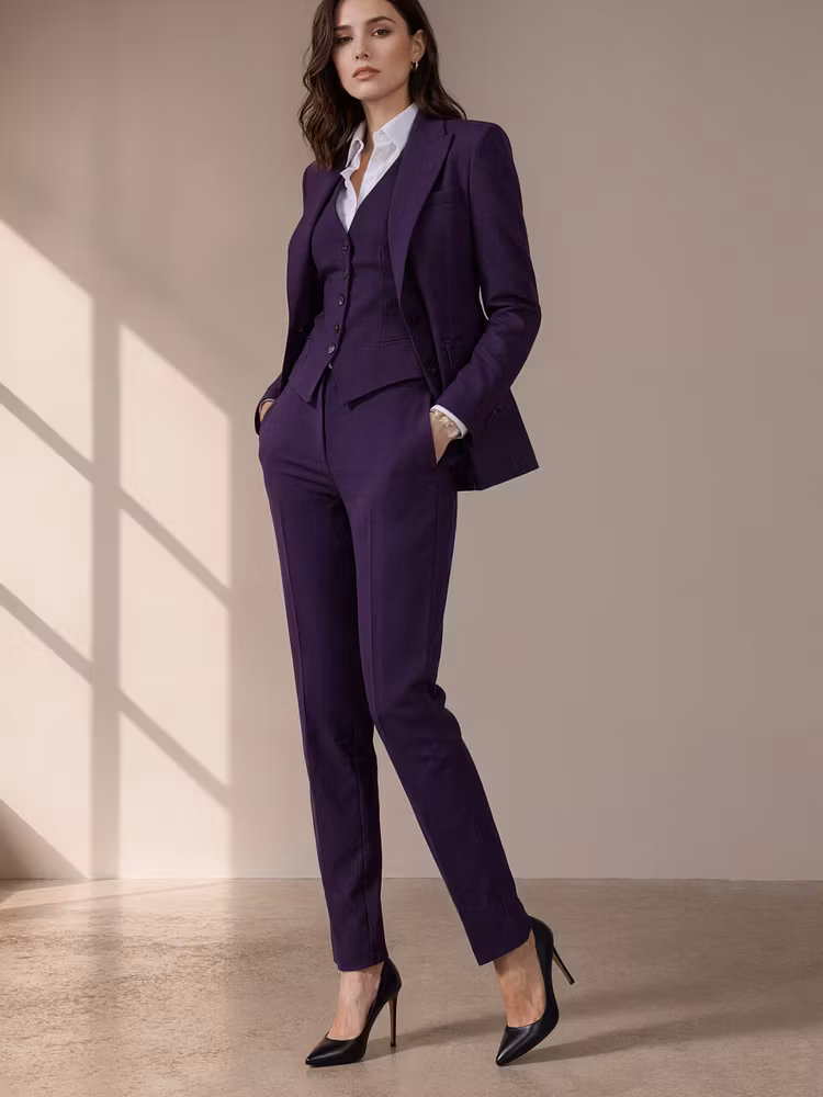 Dark Purple Peak Lapel Blazer Paired With A Single Breasted Vest And Straight Leg Pants 3-Piece Suit
