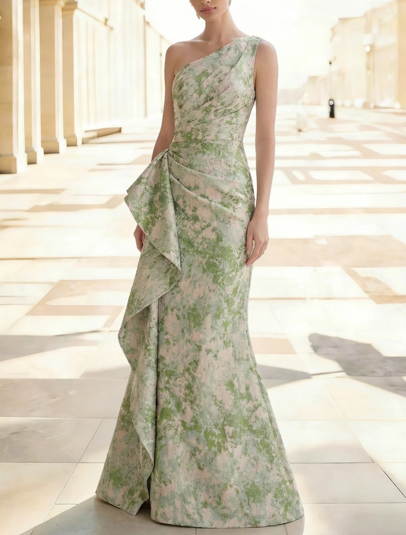 Jacquard Floral One Shoulder Ruffle Maxi Dress