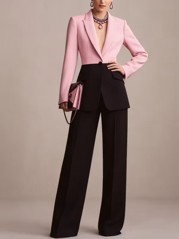 Pink Black Color Block Blazer And Wide Leg Pants 2-Piece Suit