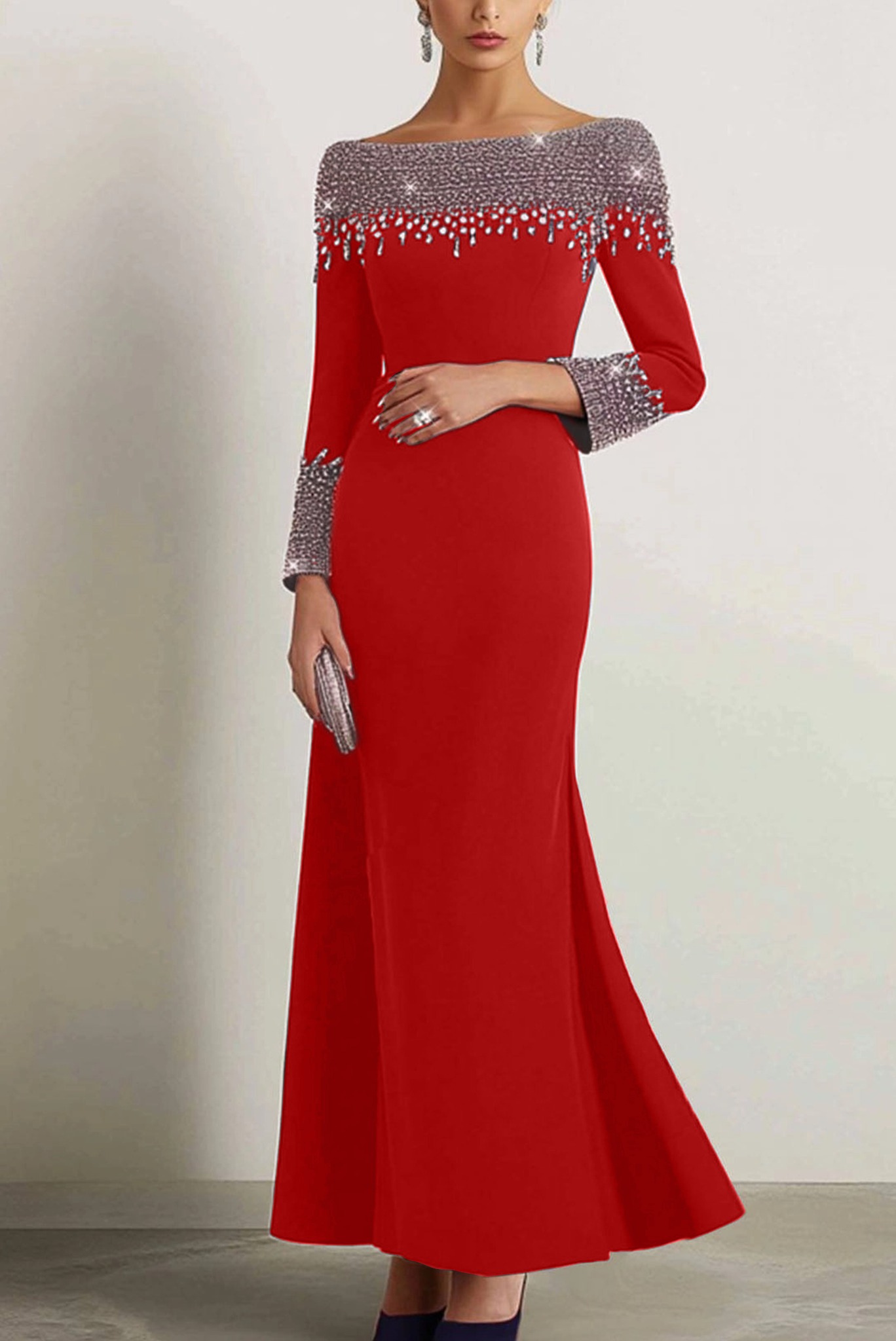 Elegant Dress Navy Boat Neck Rhinestone Maxi Dress Mother of the Bride Dress