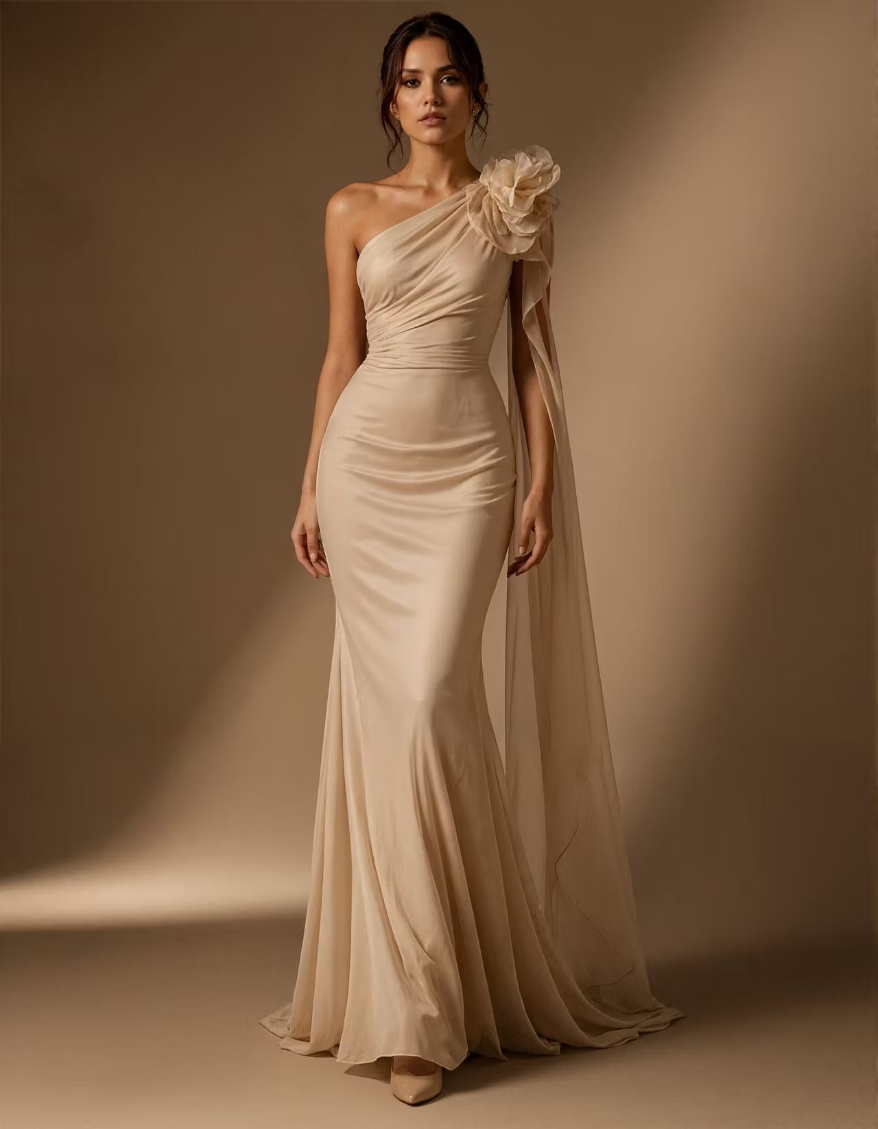Champagne Colored Satin Chiffon 3D Floral Pattern Maxi Dress