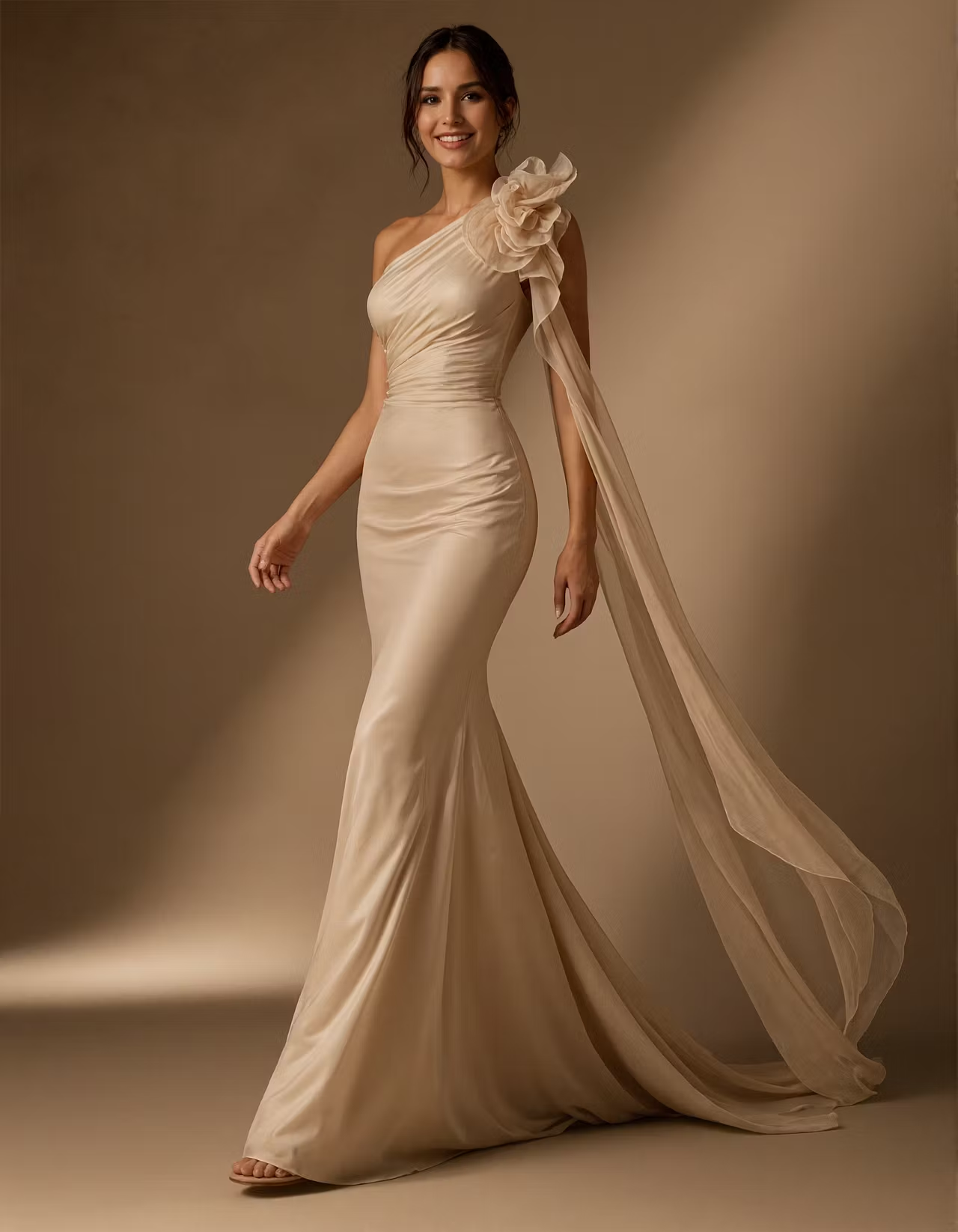 Champagne Colored Satin Chiffon 3D Floral Pattern Maxi Dress