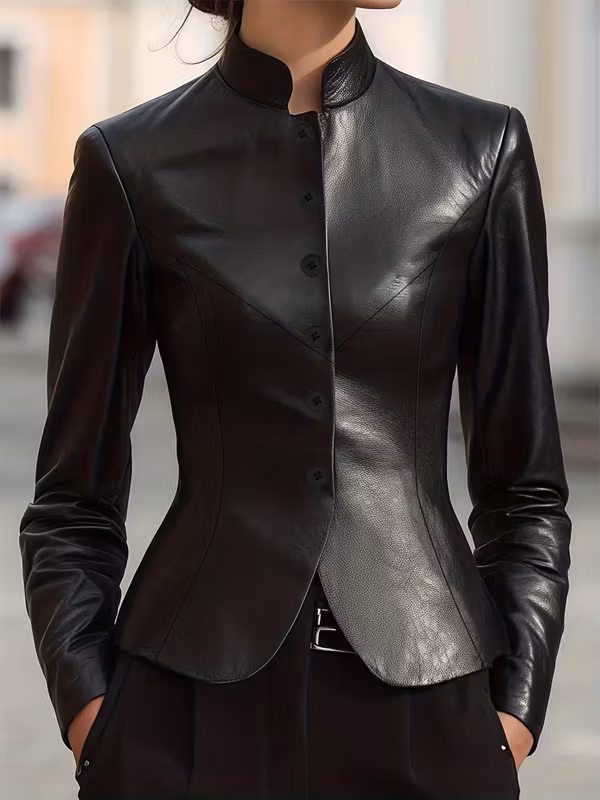 Classic Black Leather Slim-fit Blazer