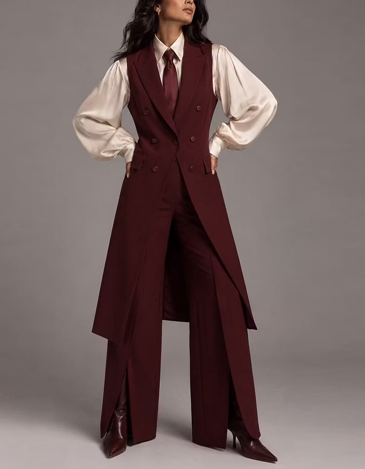 Burgundy Double Breasted Long Sleeveless Vest And Wide Leg Pants 2-Piece Suit