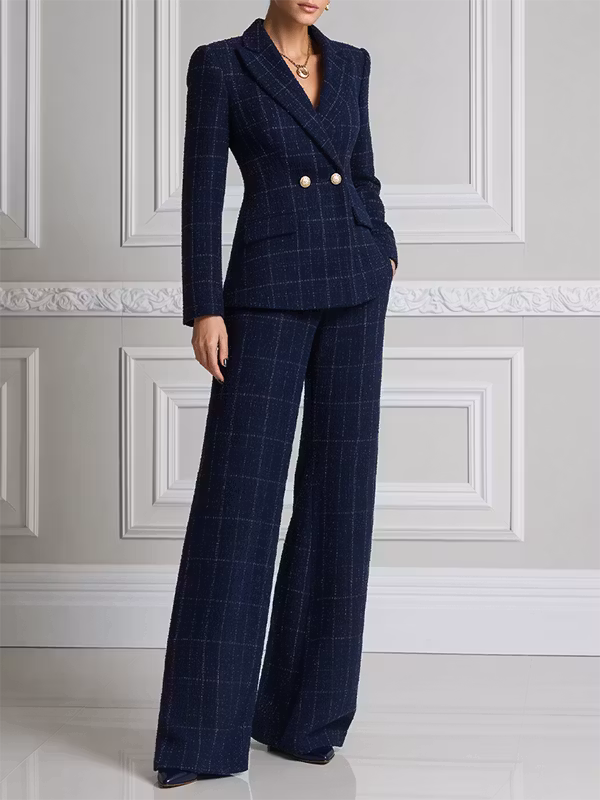 Navy Blue Windowpane Plaid Tweed Fitted Blazer & High-Waisted Wide-Leg Pants 2-Piece Suit