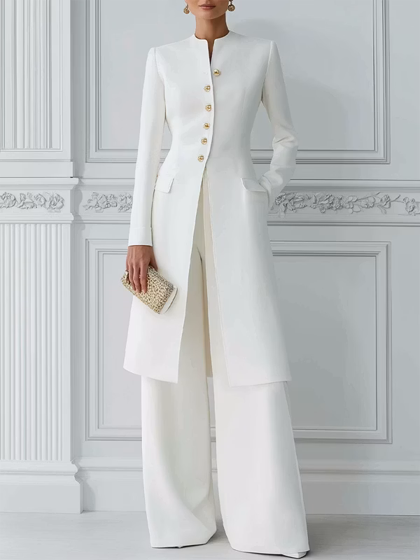 Women's Classic White Slim-fit Long Blazer And Pants 2-Piece Suit