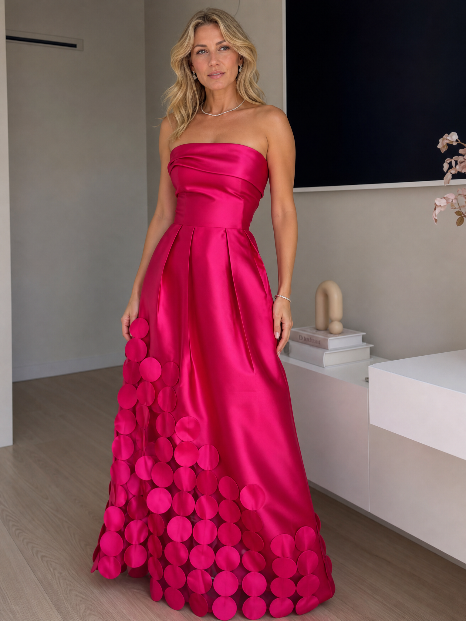 Hot Pink Strapless 3D Circle Appliqued A Line Maxi Dress