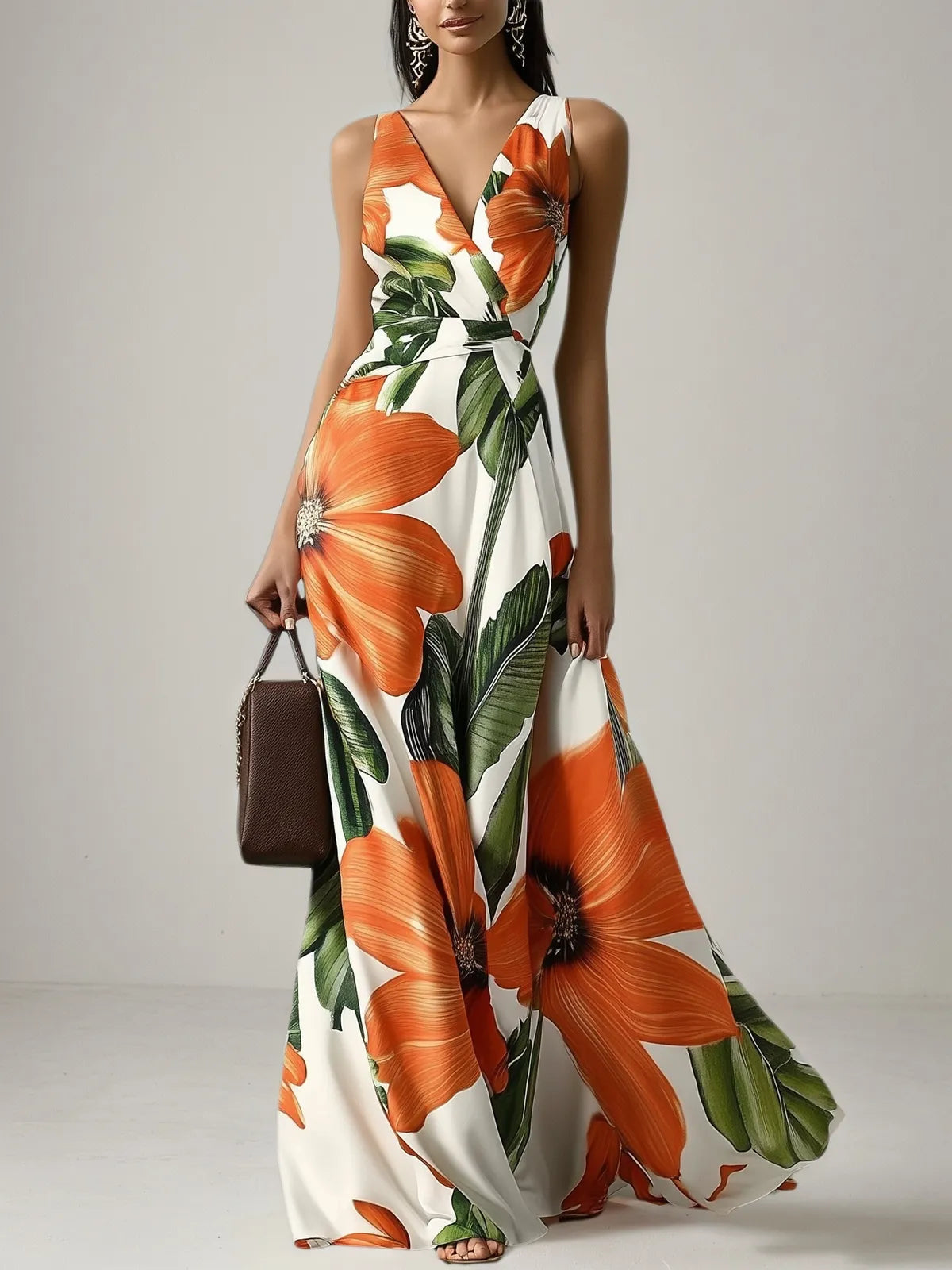 Orange Floral Classic V Neck Sleeveless A-Line Maxi Dress