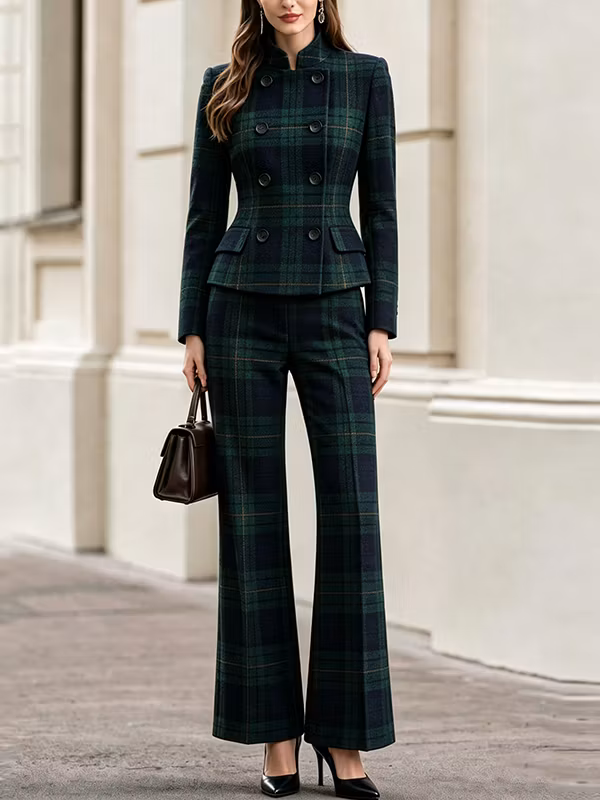 Green‑Navy Tartan Stand‑Collar Double‑Breasted Fitted Blazer & High‑Waisted Full‑Length Flared Pants 2-Piece Suit