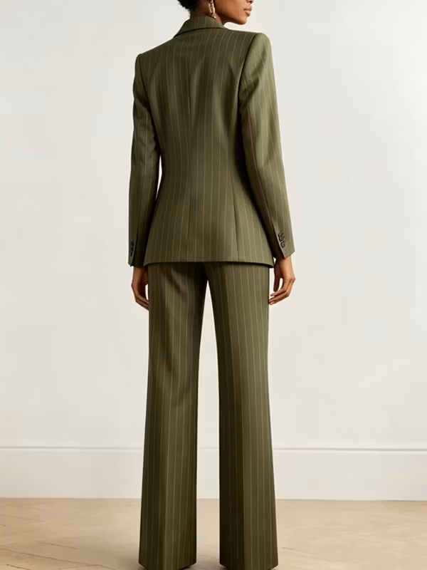 Office Outfit Retro Olive Pinstripe Blazer Vest And High Waisted Wide Leg Pants 3-Piece Suit