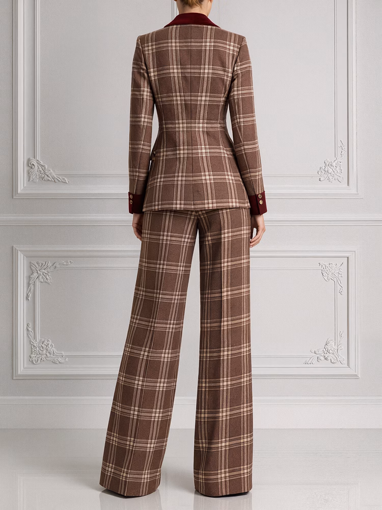 Brown Plaid Blazer With Peak Lapels And Wide Leg Pants 2-Piece Suit