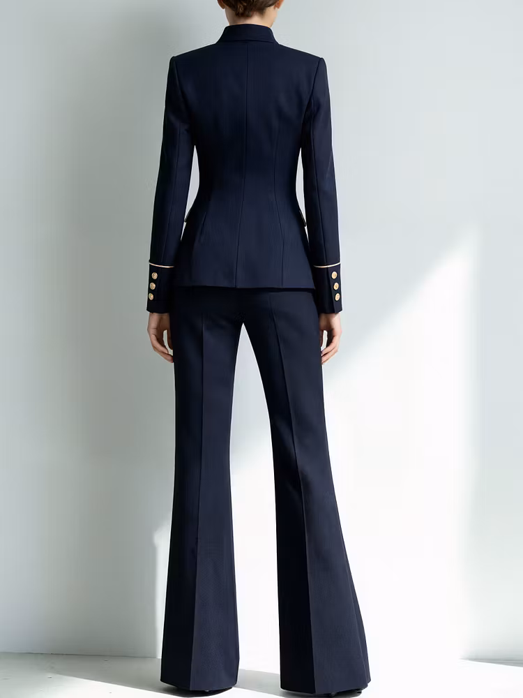 Navy Blue Stand Collar Blazer Paired With Wide Leg Pants 2-Piece Suit