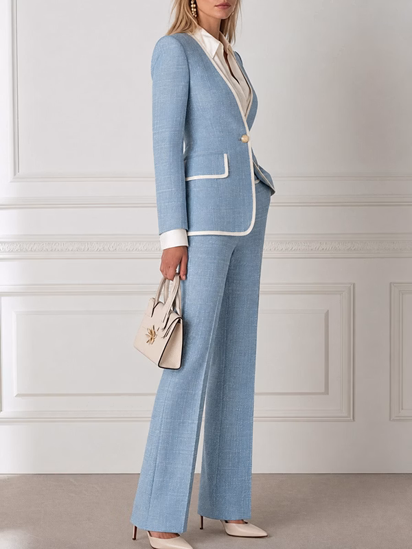 Light Blue Tweed V-Neck Single-Button Fitted Blazer & High-Waisted Flared Pants 2-Piece Suit