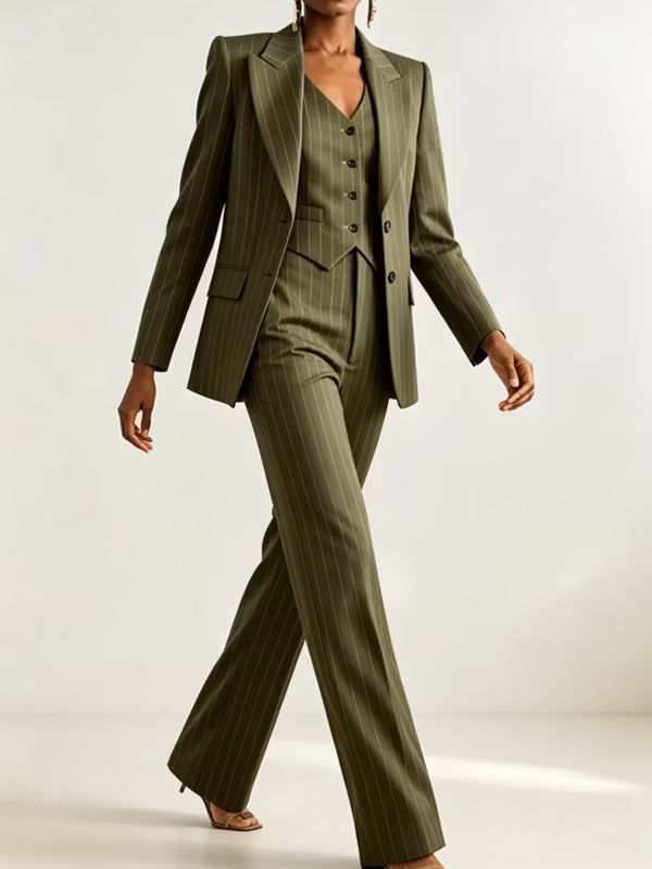 Office Outfit Retro Olive Pinstripe Blazer Vest And High Waisted Wide Leg Pants 3-Piece Suit