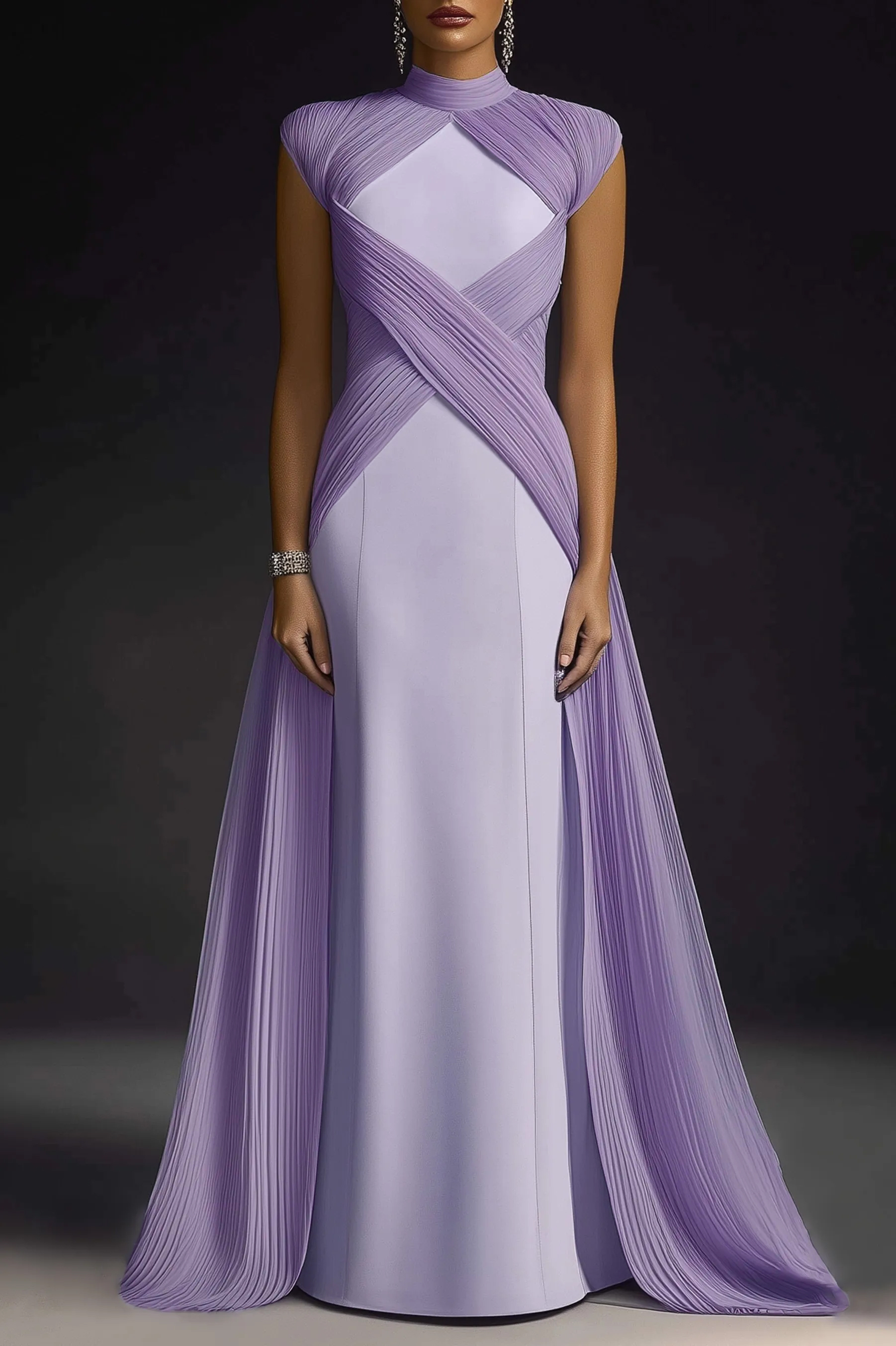 Formal Evening Dress Purple Stand Collar Pleated Train Maxi Gown