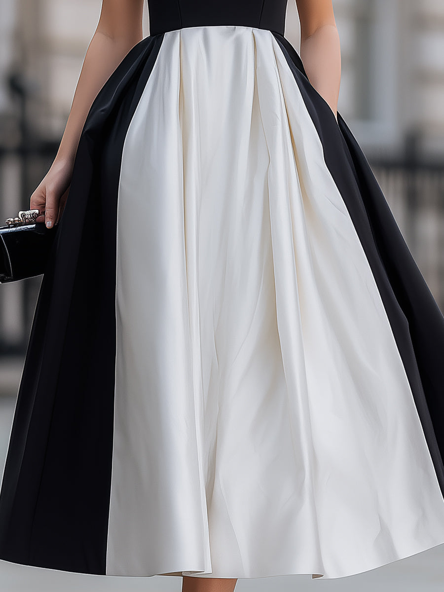 Black & White Color Block Sleeveless Fit-and-Flare Midi Dress