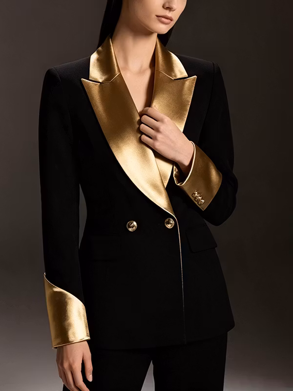Black Metallic Gold Satin Contrast Peak‑Lapel Double‑Breasted Blazer & High‑Waisted Full‑Length Flared 2-Piece Suit