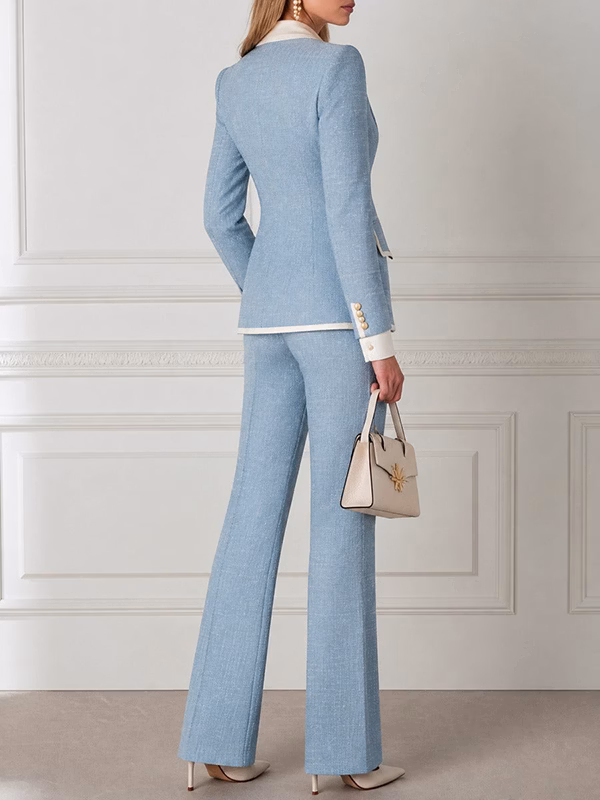 Light Blue Tweed V-Neck Single-Button Fitted Blazer & High-Waisted Flared Pants 2-Piece Suit