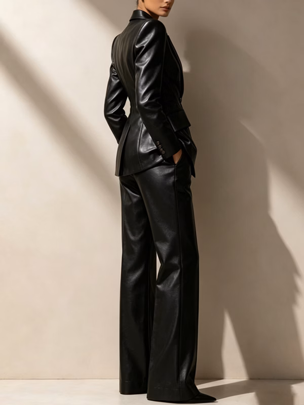 Black Leather Double Breasted Blazer And High Waist Wide Leg Pants 2-Piece Suit