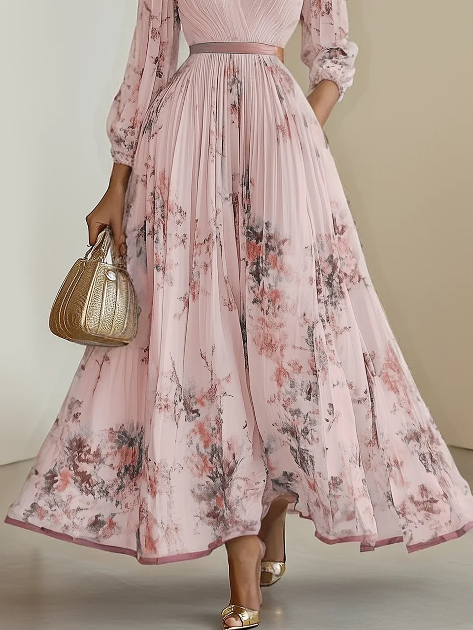 White Pleated Chiffon V Neck Floral Long Sleeve Balloon Sleeve A-Line Maxi Dress