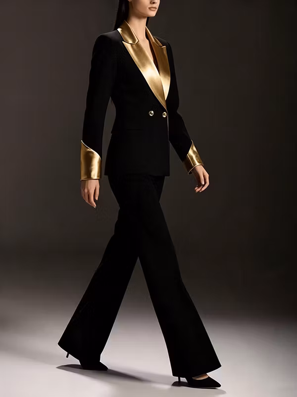 Black Metallic Gold Satin Contrast Peak‑Lapel Double‑Breasted Blazer & High‑Waisted Full‑Length Flared 2-Piece Suit