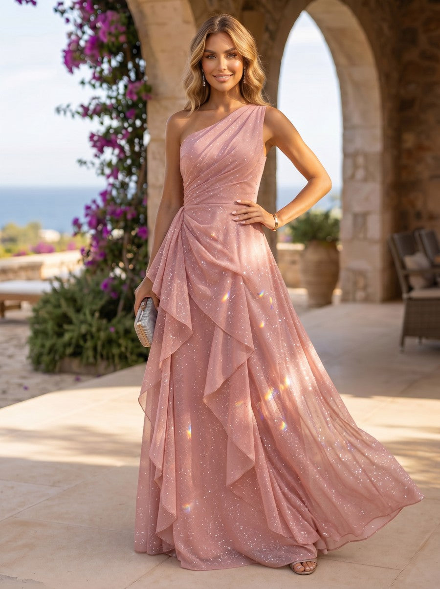 Blush Pink Tulle One-Shoulder A-Line Gown with Cascading Ruffles