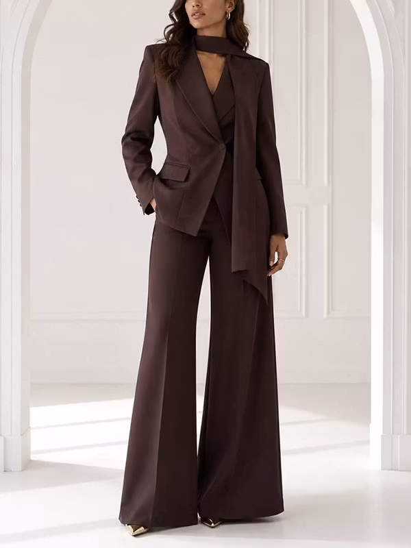 Brown Peak Lapel Fitted Blazer & High-Waisted Flared Pants 2-Piece Suit