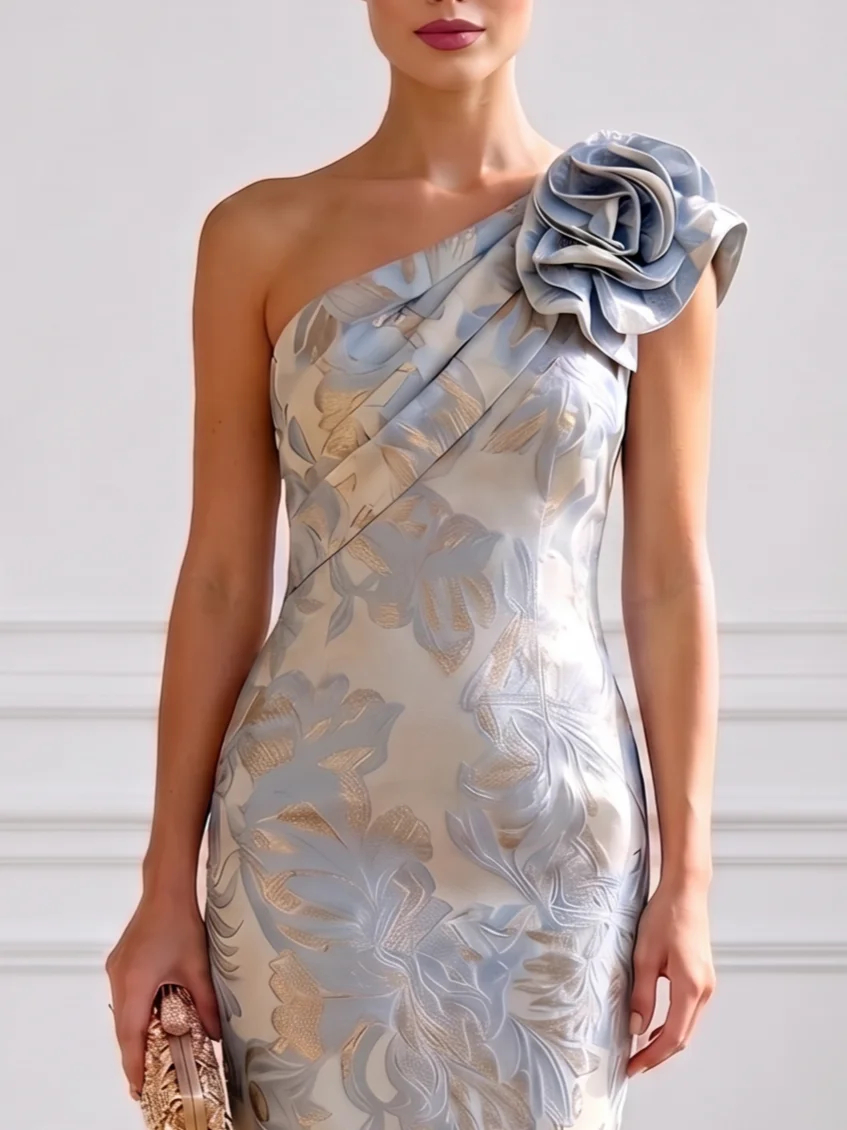 Dusty Blue Gold Floral Jacquard One Shoulder 3D Rose Mermaid Gown