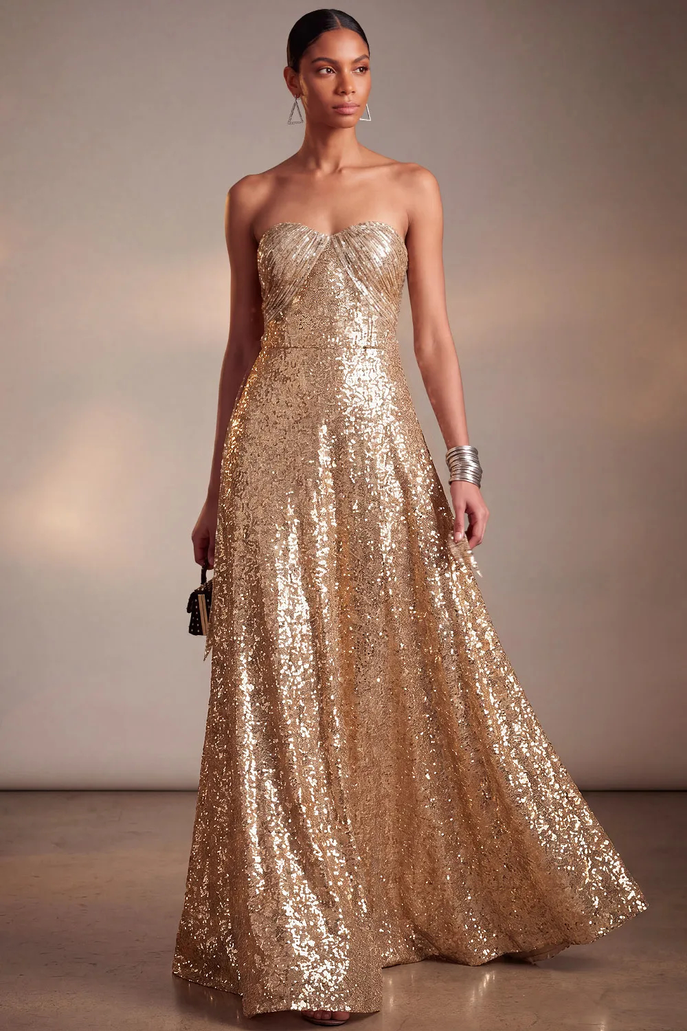Gold Sequin Strapless Sweetheart A-Line Floor Length Evening Gown