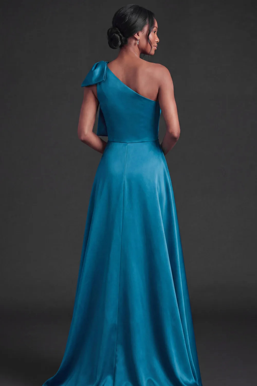 Peacock Satin One Shoulder Floral Sequin Overlay A-Line Floor Length Evening Gown
