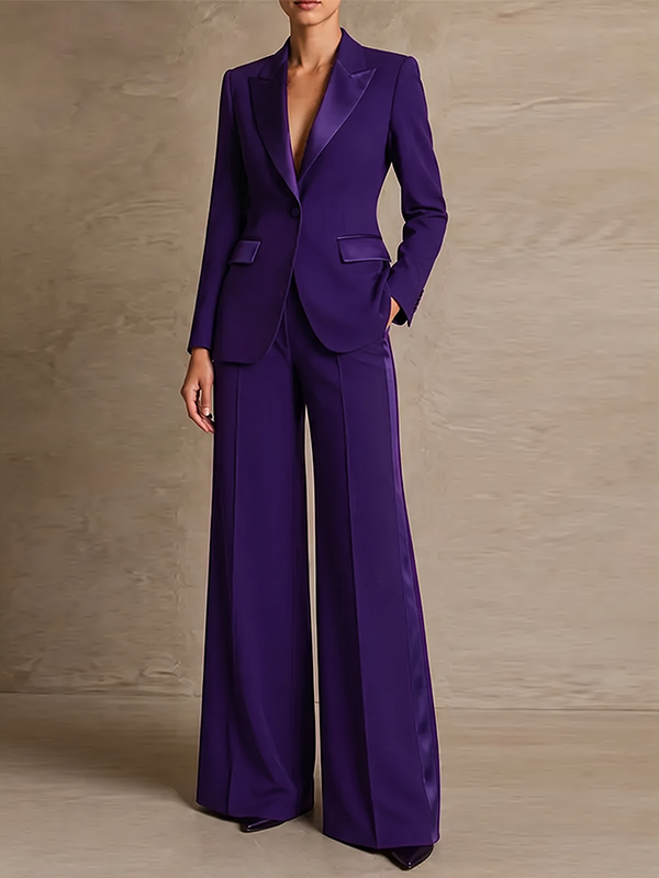 Dark Purple Satin Collar Blazer With Satin Side Trim Wide Leg Trousers 2-Piece Suit
